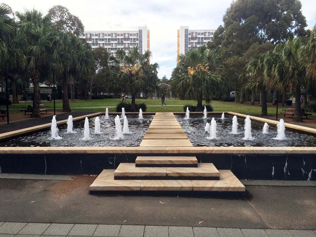 Open space with a fountain.