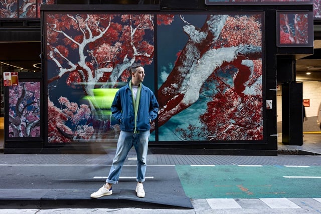 A man in a blue jacket and jeans stands on a city pavement in front of a large mural of red and white tree branches printed onto a construction hoarding.