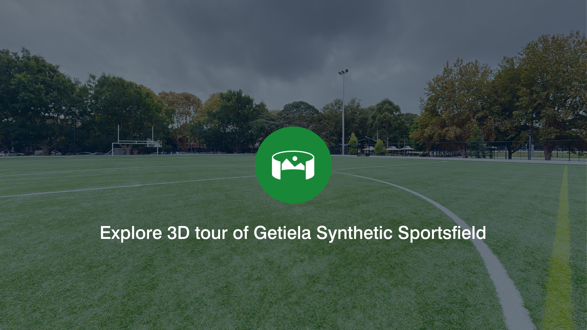 A sports field overlayed with a green icon and the words Explore 3D tour of Getiela Synthetic Sportsfield.