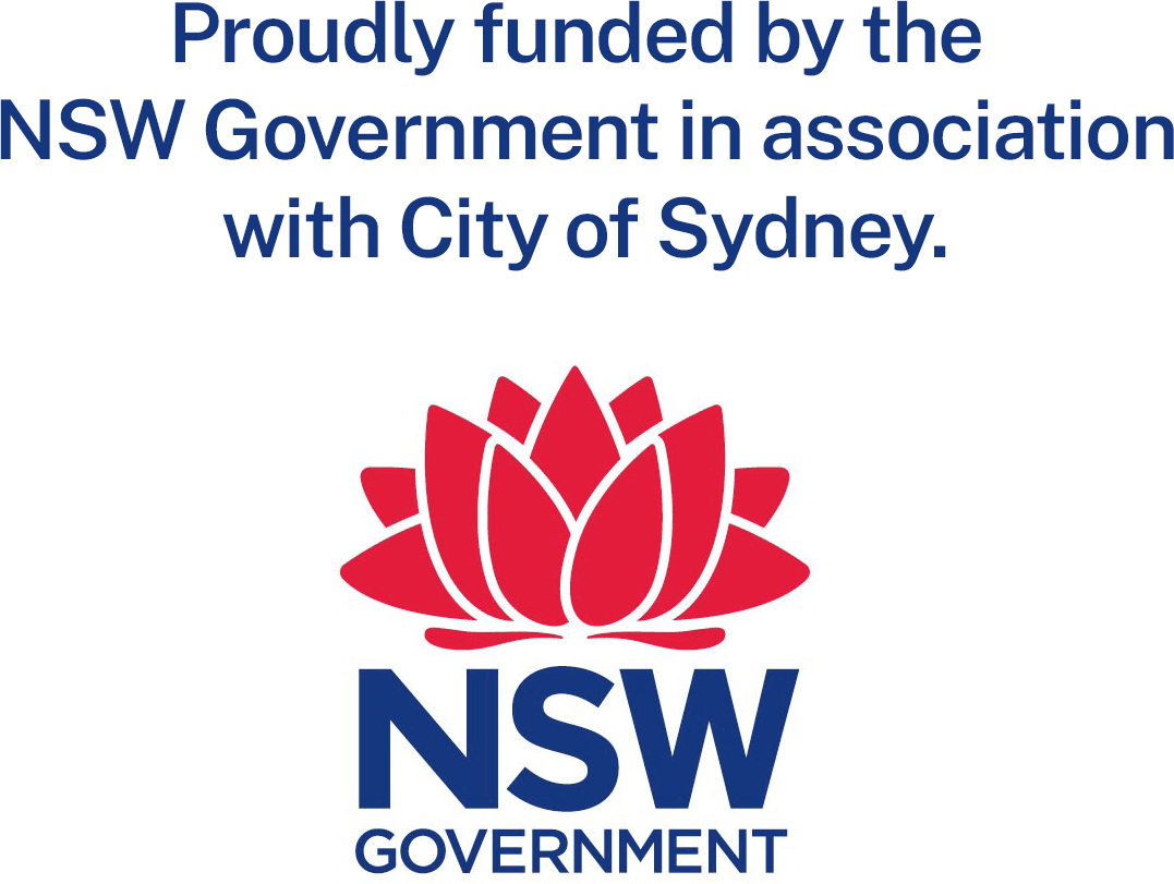 NSW Government logo with text stating that the project was proudly funded by the NSW Government in association with City of Sydney.